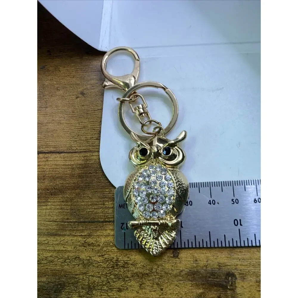 Womens Gold Tone Owl Key Chain Rhinestone Vintage
